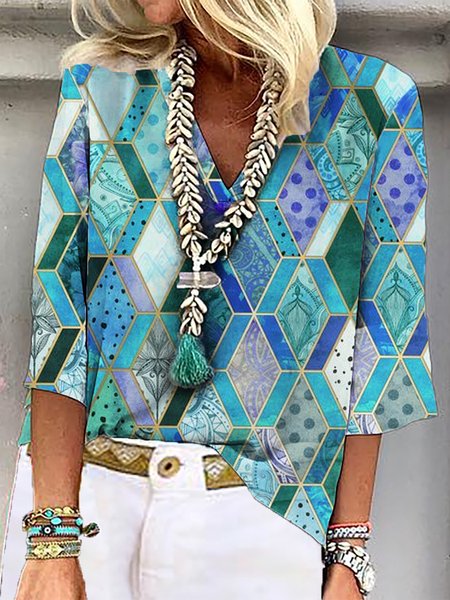 

Geometrico Casuale Scollo a V Top, Blu, Blouses & Shirts