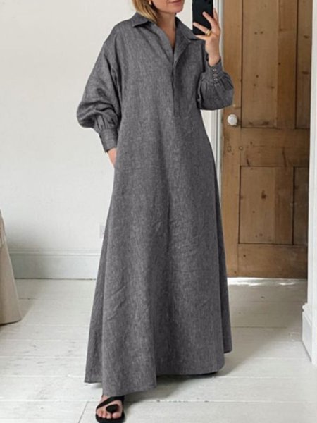 

Elegant Shirt Collar Elegant Solid Dress, Gray, Maxi Dresses