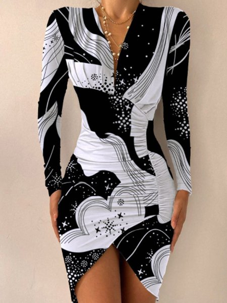

Date Holiday Elegant Sexy Abstract Slim Fit Dress, White-black, Midi Skirts