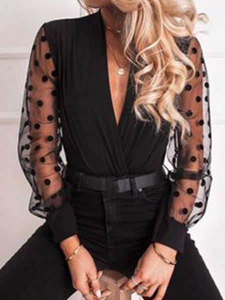 

Slim Fit Elegant V Neck Polka Dots Top, Black, Blouses and Shirts