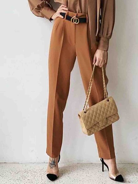

Solid Regular Fit Elegant Pants, Brown, Straight Leg Pants