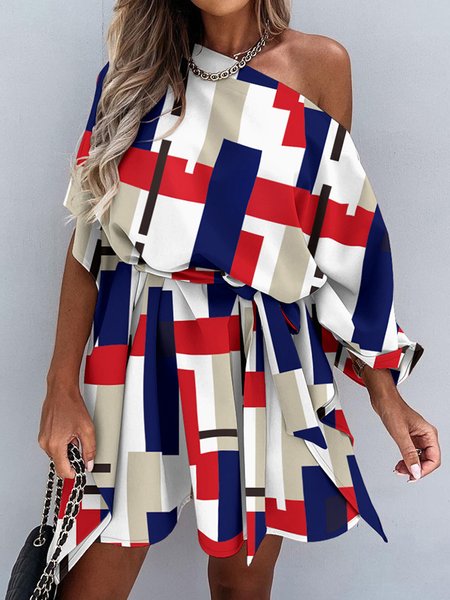 

Geometric Off The Shoulder Sexy Dresses, Red-blue, Mini Dresses