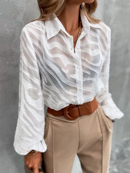 

Elegant Solid Shirt Collar Devore Top, White, Blouses and Shirts