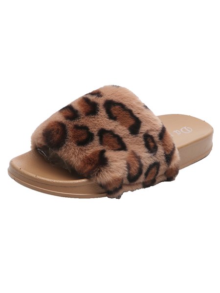 

Casual Leopard Print Mohair Strip Slippers, Khaki, Women Shoes