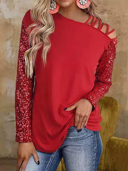 

Hollow Out Sequined Splicing Off Shoulder Long Sleeve Blouse Tops, Red, Long sleeve tops