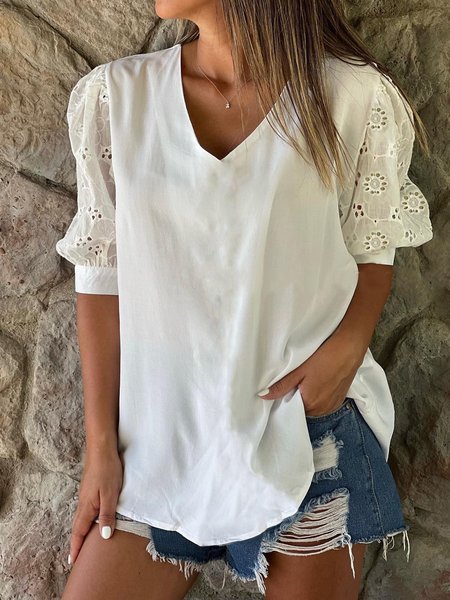

Cotton Embroidered Bishop Sleeve Solid V Neck Tops, White, Tops