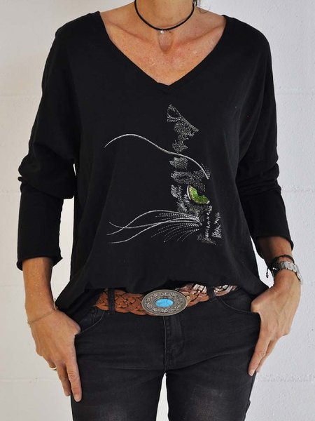 

Embroidery Cat Casual V Neck Long Sleeve T-shirt, Black, T-Shirts