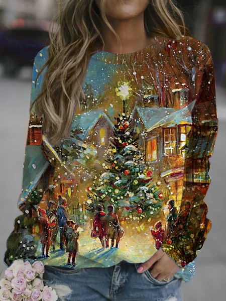 

Christmas Tree Print Round Neck Sweatshirt, As picture, Hoodies&Sweatshirts