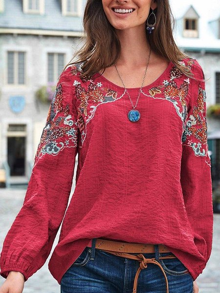 

Vintage Vacation Pastoral Loosen Printed Shirts & Tops, Red, Long sleeve tops