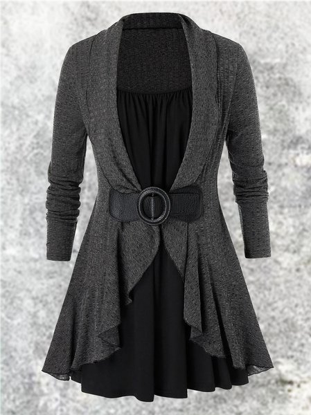 Flounce Solid Cotton-Blend Long Sleeve Weaving Dress, Gray, Dresses