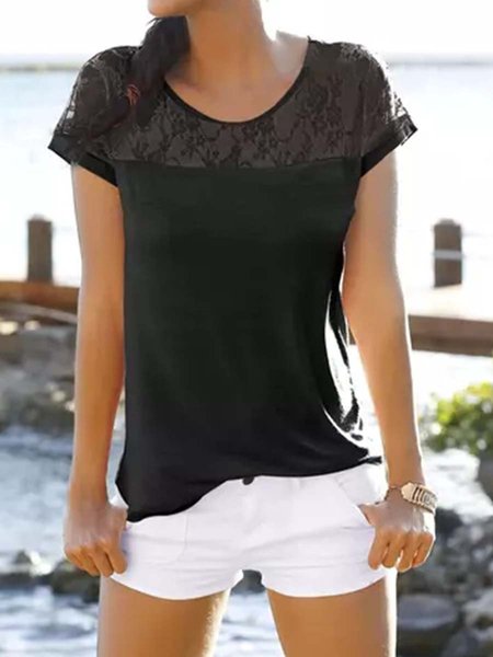 

Cotton Blends Crew Neck Casual Lace Shirts & Tops, Black, T-Shirts