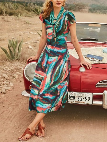 

Boho V neck Short Sleeve Midi Dresses, As picture, Midi Dresses