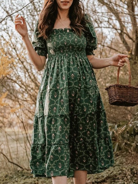 

Short Sleeve Floral Printed Square Neck Plus Size Casual Hill House Nap Dresses, Green, Midi Dresses