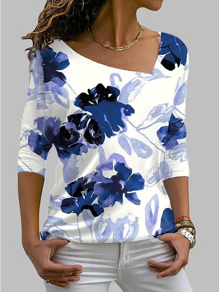 

Floral Print Long Sleeve Casual Cotton Blends Tops, White, Long sleeve tops