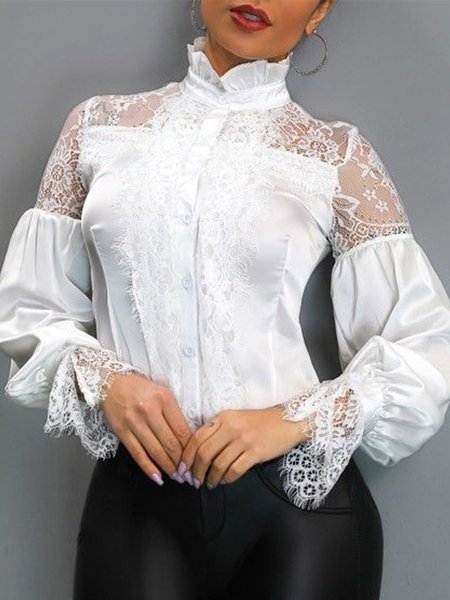 

Lady Long Sleeve Solid Stand Collar Shirt, White, Blouses and Shirts