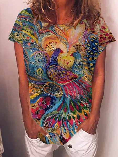 

Animal Loosen Crew Neck Shirts & Tops, As picture, T-Shirts