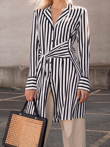 

Shirt Collar Loosen Loosen Striped Top, Black-white, Blouses and Shirts