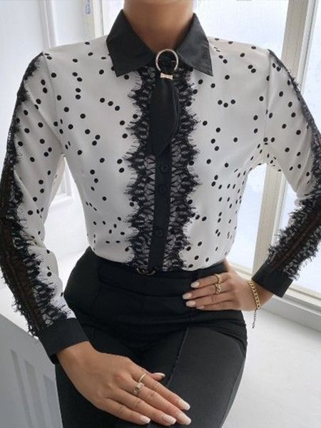

Lady Long Sleeve Polka Dots Shirt Collar Shirt, Black-white, Blouses and Shirts