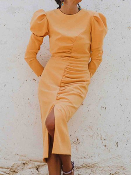 

Elegant Crew Neck Solid Long sleeve Dress, Orange, Midi Dresses