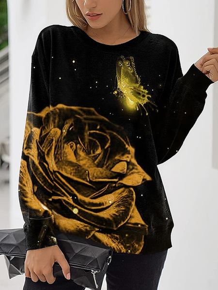 

Floral Butterfly Crew Neck Casual Sweatshirt, Black, Sweatshirts & Hoodies