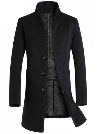 Men's Single-breasted Mid-length Woolen Coat, Black, Outerwear