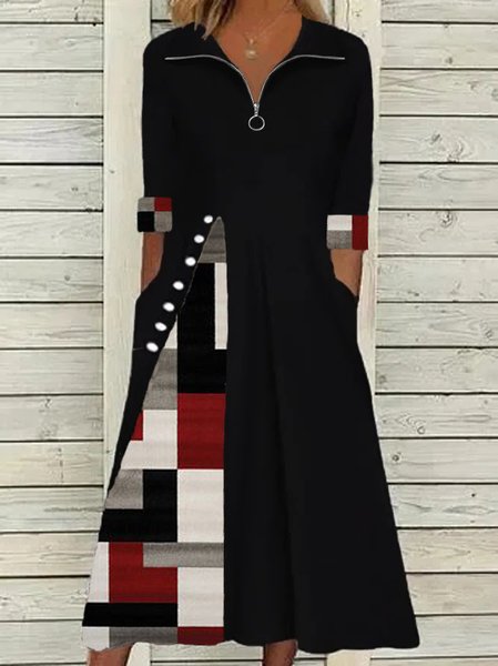 

Geometric V Neck Loosen Dresses, Black, Casual Dresses