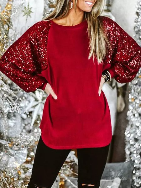 

Sequined Splicing Raglan Long Sleeve Blouse - Red, Long sleeve tops