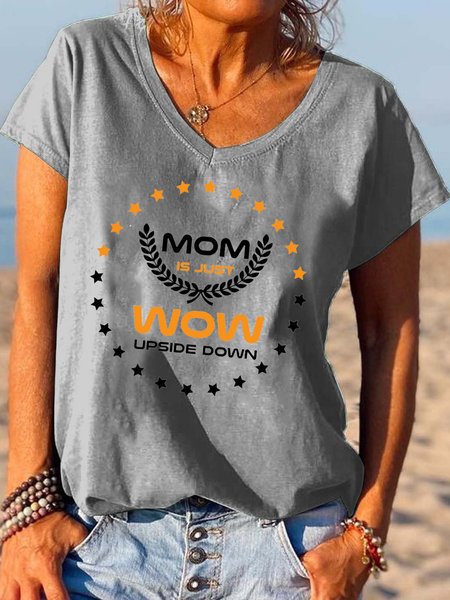 

Fun letter printed V-neck short-sleeved T-shirt, Gray, T-shirts