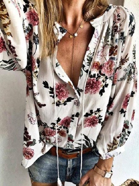 

Flaral Pattern Stand Collar Long Sleeve Blouses, White, Blouses & Shirts