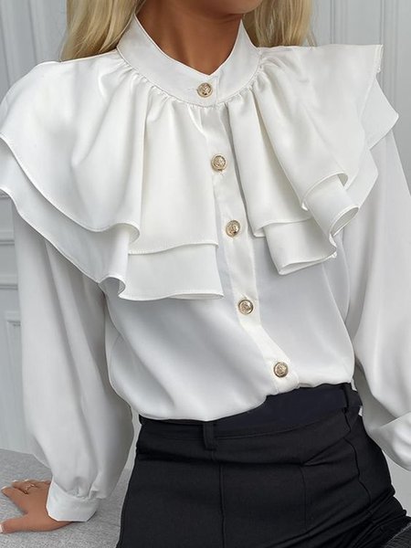

Loosen Solid Ruffle Collar Shirt& Top, White, Blouses and Shirts