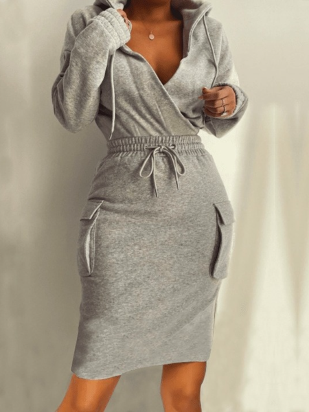 

Spring Casual Plain Hooded Long sleeve Daily Household Dresses, Gray, Midi Dresses