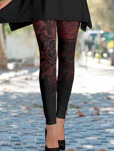 

Floral Printed Vintage Skinny Skinny Long Leggings, Red-black, Leggings