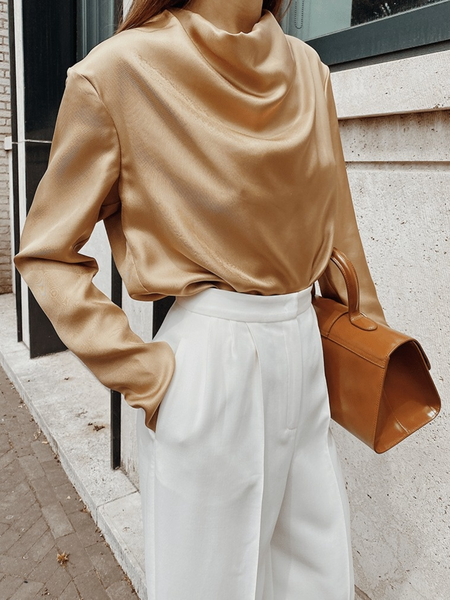 

Spring Satin Plain Regular Fit Formal Date Household Cowl neck Tops, Yellow, Blouses and Shirts