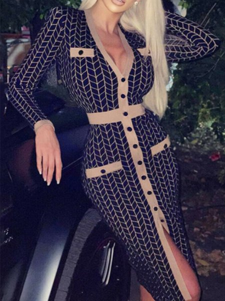 

V Neck Elegant Skinny Bodycon Midi Dress, Diamond, Midi Dresses
