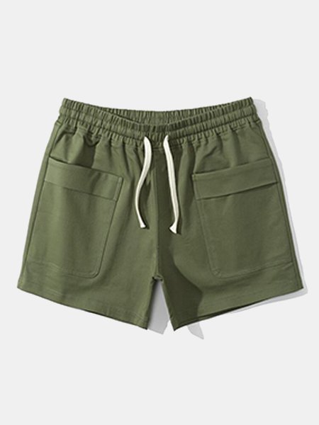 

Simple Knitted Cotton Blend Stretch Waist Drawstring Men's Shorts, Deep green, Men's shorts