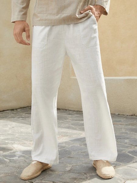 

Based On Imitation Cotton And Linen Style White Straight Leisure Trousers, As picture, Men's shorts