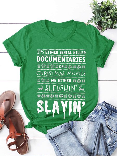 

Christmas Fun Print Short Sleeve Casual T-shirt, Deep green, T-shirts