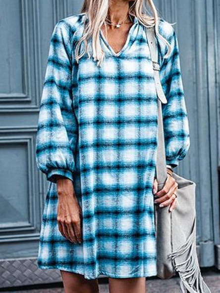 

V-neck Casual Loose Plaid Print Long-sleeved Short Dress, Blue, Casual Dresses