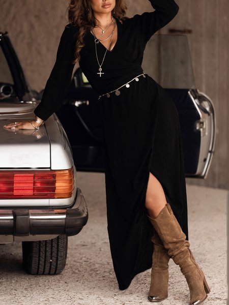 

Sexy Solid V neck Long Sleeve Dresses, Black, Maxi Dresses
