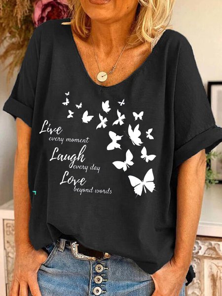 

Butterfly Letters Printed Round Neck Short Sleeve Casual Shirts & Tops, Black, T-Shirts