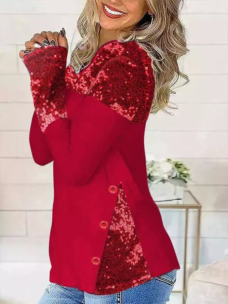 

Sequined Splicing Button Casual Blouse - Red, Long sleeve tops
