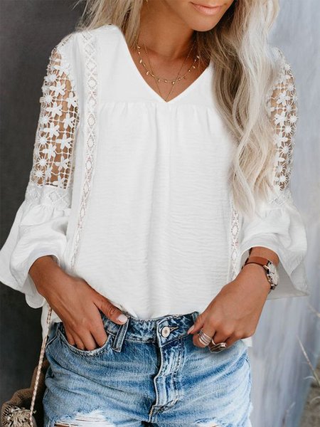 

Plain Vacation Ruched V Neck Lace Shirts & Tops, White, Long sleeve tops