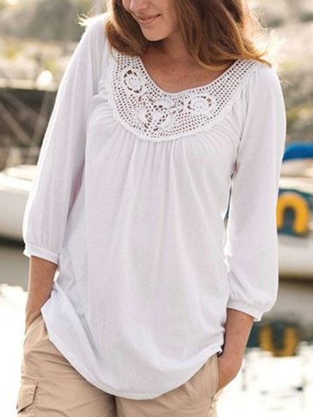 

Casual Solid Loosen V Neck Three Quarter Shirts & Tops, White, Tops
