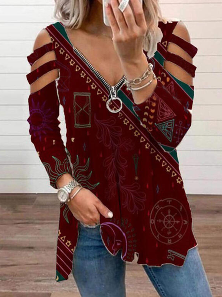 

Print Cold Shoulder Long Sleeves T-shirts, Wine red, Long sleeve tops