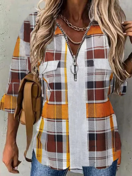 

Cotton Blends Casual Grid Shirts & Tops, Brown, Tops