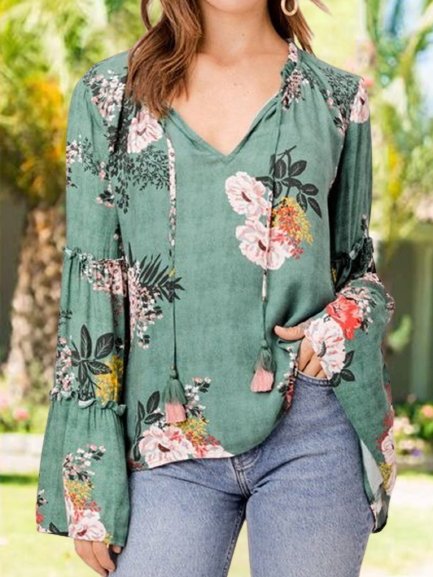 

Long Sleeve Floral Printed V Neck Tassel Plus Size Casual Tops, Green, Tops