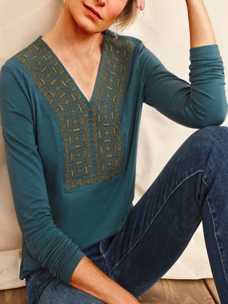 

Ethnic Geometric V Neck Long Sleeve T-shirt, Blue, T-Shirts