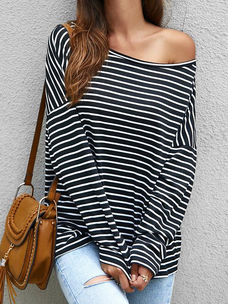 

Striped Casual Crew Neck Loosen Long Sleeve T-shirt, Black-white, T-Shirts