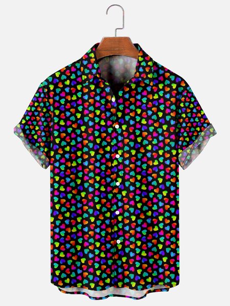 

Mens St Valentine's day Colorful Hearts Print Casual Breathable Short Sleeve Hawaiian Shirts, Black, Men's Floral shirt