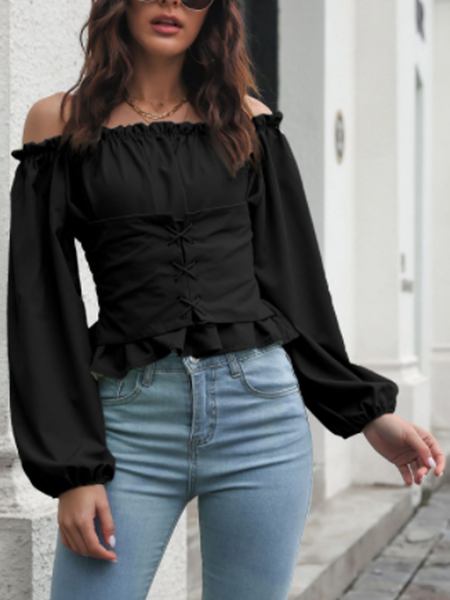 

Casual Household Daily Vintage Boat Neck Loosen Shirts & Tops, Black, Long sleeve tops